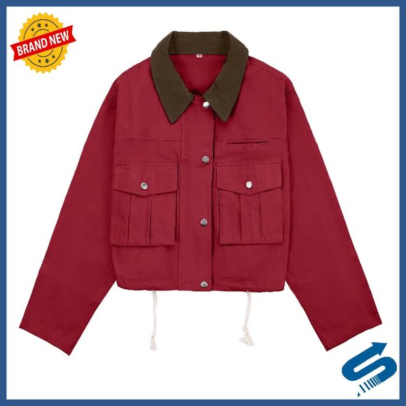 Women's Cropped Utility Jacket 100% Cotton Button Front Casual Barn Coat